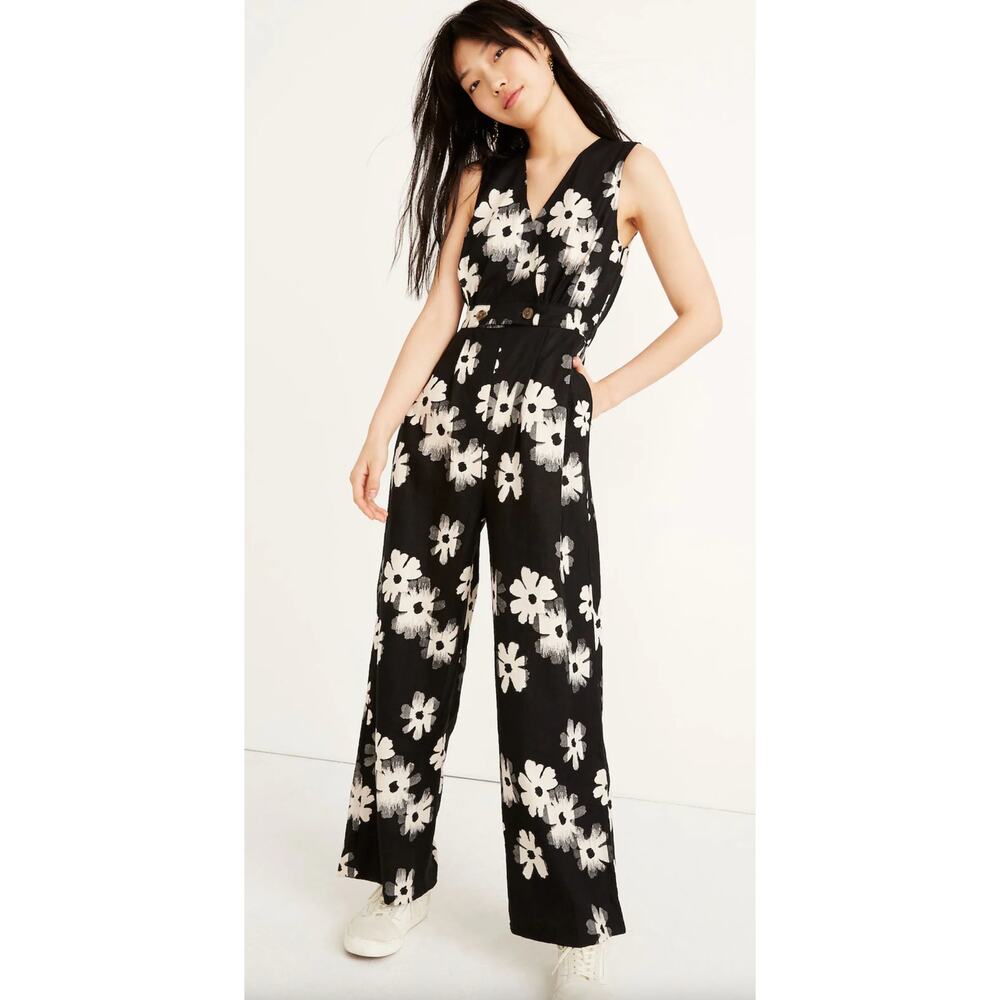 Madewell Button Waist Wide Leg Linen Jumpsuit Ikat Floral Womens Size 4 Black
